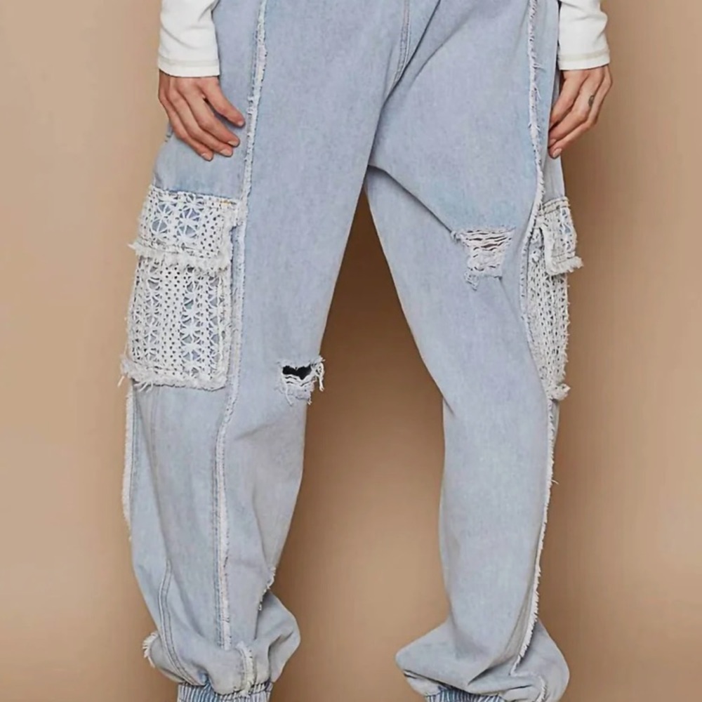 Tie Waistband Contrast Crochet Cargo Pockets Denim Joggers size small